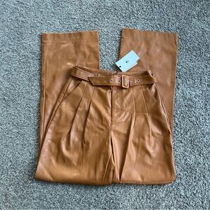 NWT 7 For All Mankind Vegan Leather Hi-Rise Belted Pants Brown Wide Leg Pleated